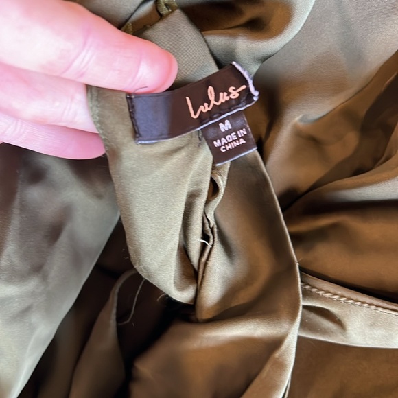 NWOT Distinctive Charm Olive Green Satin Asymmetrical Midi Dress - Picture 8 of 9